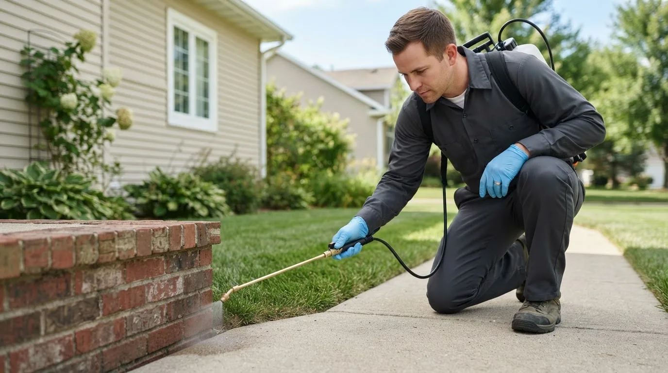 Pest control technician treating a home near Pointe Aux Pins, MI